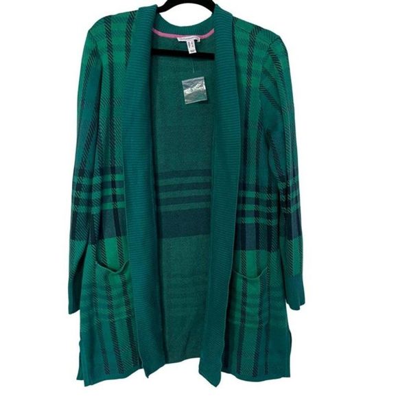Isaac Mizrahi Sweaters - Isaac Mizrahi Women's Green Plaid Long Sleeve Open Front Cardigan Sweater Size M
